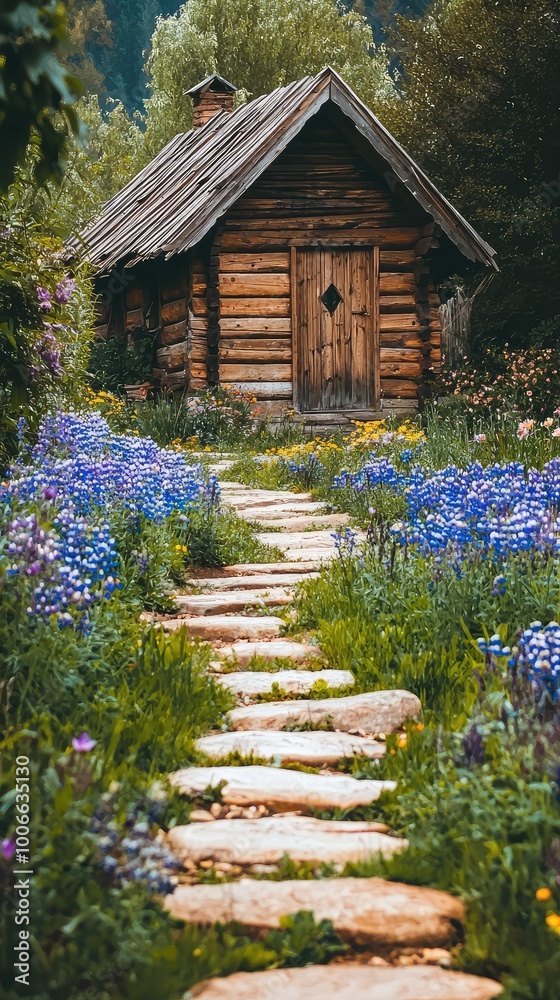 A tranquil pathway leads to a rustic wooden cabin surrounded by vibrant flowers, embodying serene countryside charm.