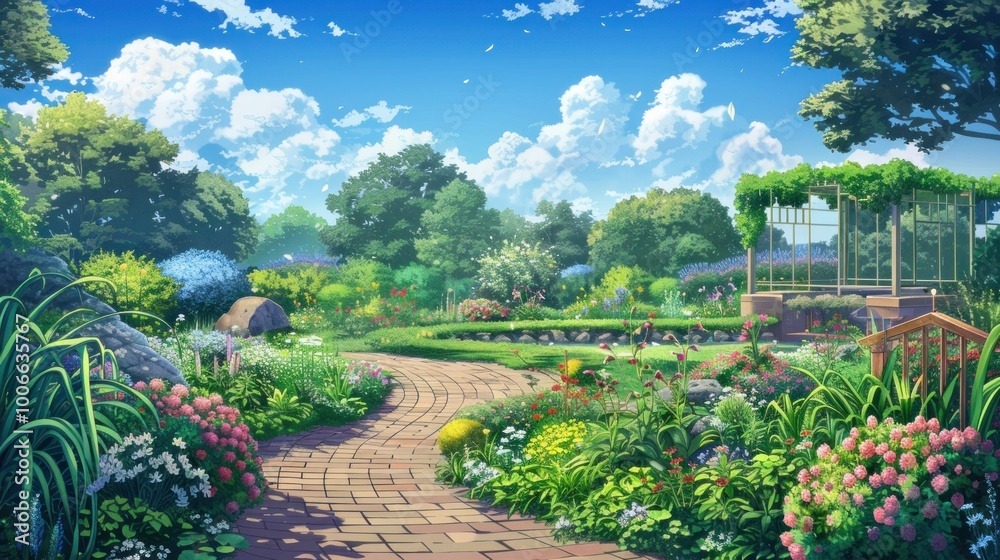 Naklejka premium Beautiful garden with flowers, trees, and a brick path under a blue sky. Nature and landscape illustration concept