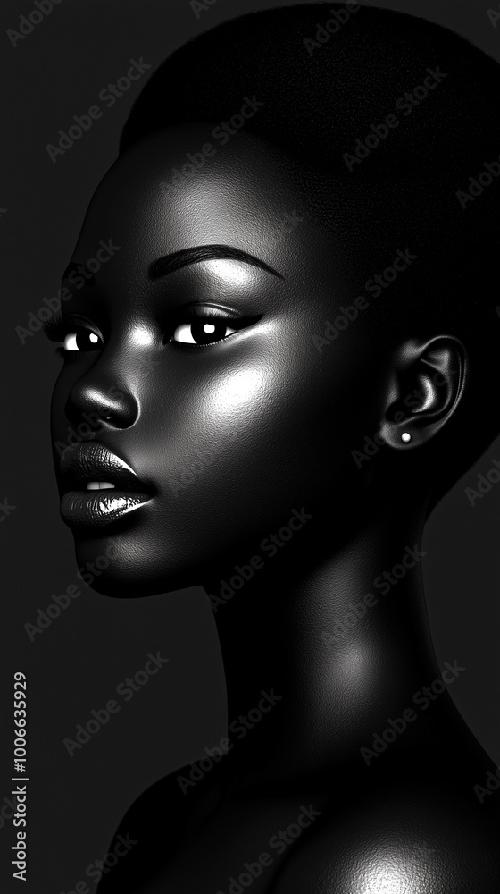 A woman with a dark complexion and a shiny face. The woman is wearing earrings and has a serious expression on her face A woman with a dark complexion and a shiny face. The woman is wearing earrings and has a serious expression on her face