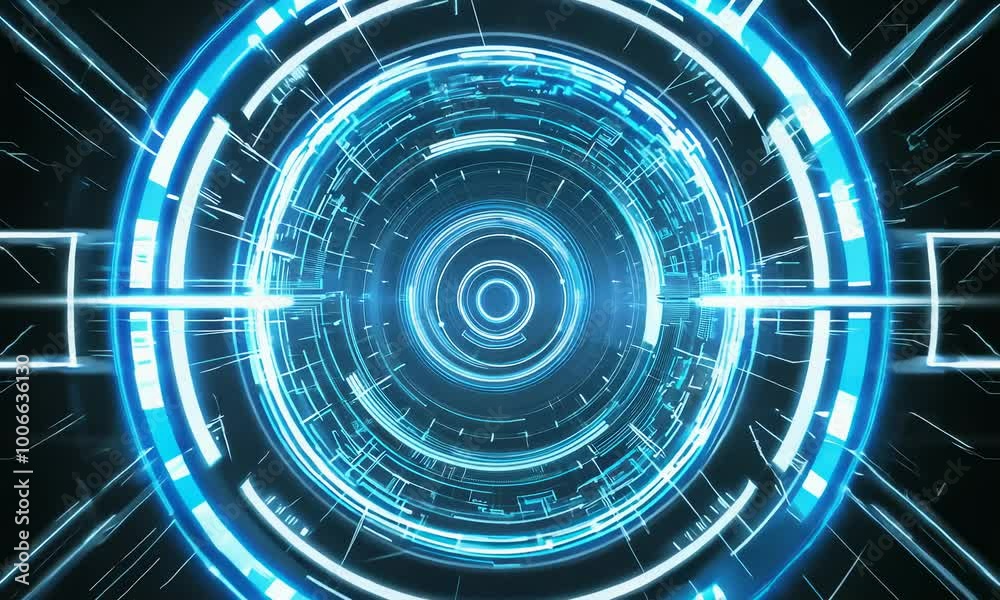 Abstract digital art with glowing blue circles and lines on a transparent background