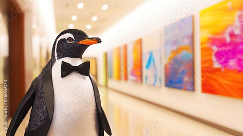A penguin dressed in a sharp tuxedo and bow tie, waddling through a modern art gallery with bright, abstract paintings in the background.