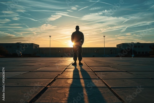 Veteran Standing at Military Base at Sunrise, Preparing for Veterans Day Ceremony - Print, Card, Poster Design photo