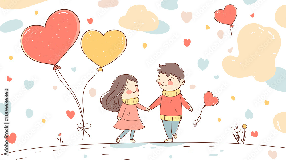 Couple holding heart balloons lovingly in nature against whimsical heart-filled background Couple holding heart balloons lovingly in nature against whimsical heart-filled background