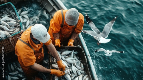 Fishermen aboard a sturdy vessel engage in sorting their catch, as seagulls flit about, emphasizing the balance of industrious maritime effort and natural wildlife.