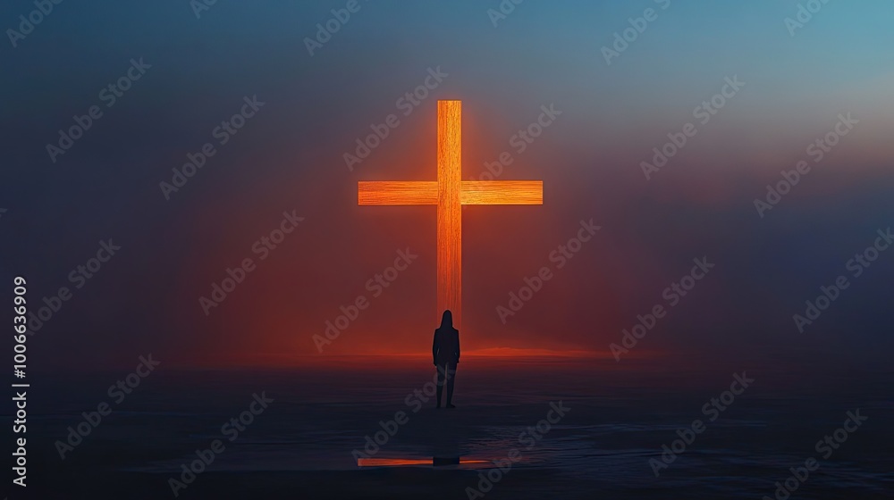 A person standing alone in front of a large wooden cross, head bowed in prayer, with a tranquil atmosphere symbolizing forgiveness and divine grace. A person standing alone in front of a large wooden cross, head bowed in prayer, with a tranquil atmosphere symbolizing forgiveness and divine grace.