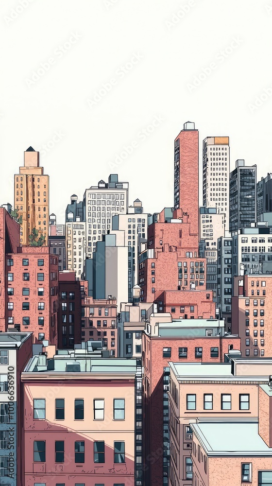 Fototapeta premium A vibrant city skyline featuring a mix of modern and classic architecture in various colors, perfect for urban-themed projects.