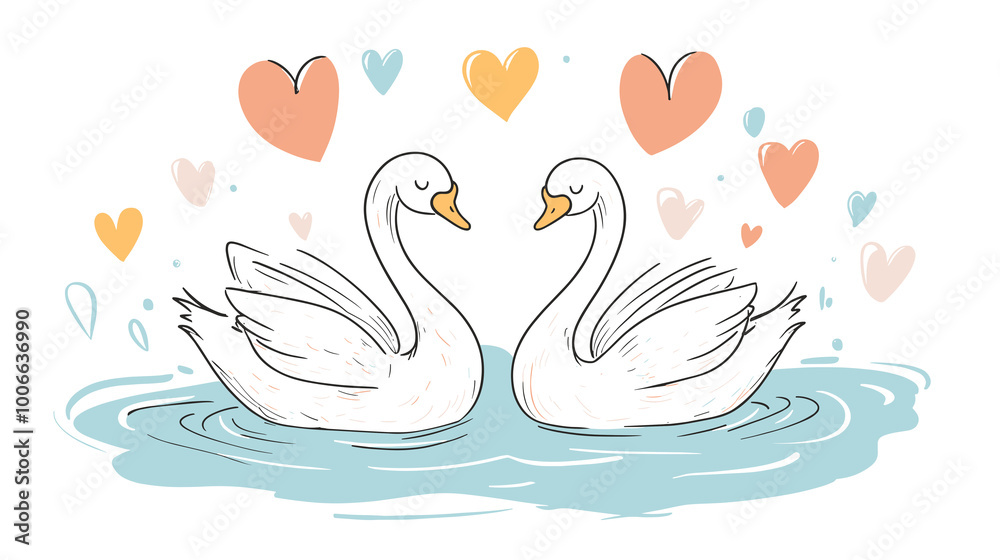 Elegant swan couple forming heart shape in romantic illustration style Elegant swan couple forming heart shape in romantic illustration style