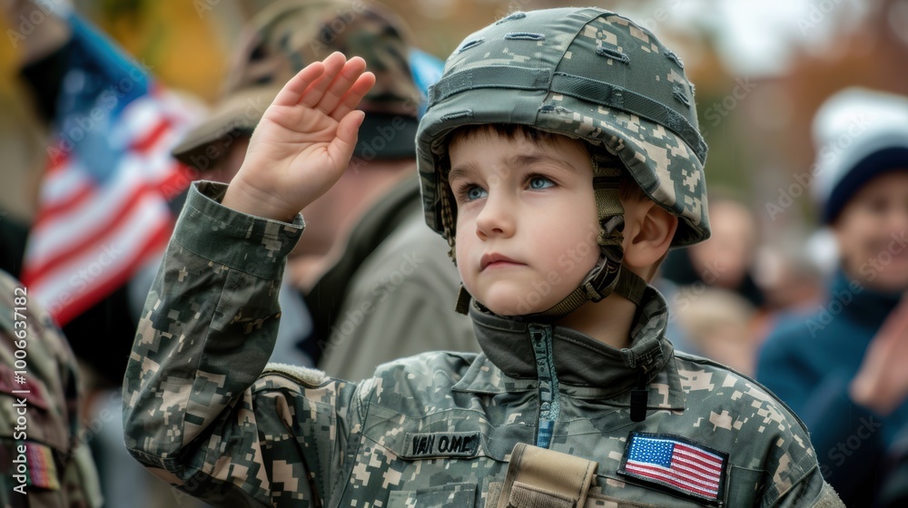 Young Child in Military Uniform Saluting During Veterans Day Event Young Child in Military Uniform Saluting During Veterans Day Event