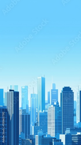 A vibrant city skyline featuring modern skyscrapers against a bright blue sky, perfect for illustrating urban life and architecture.