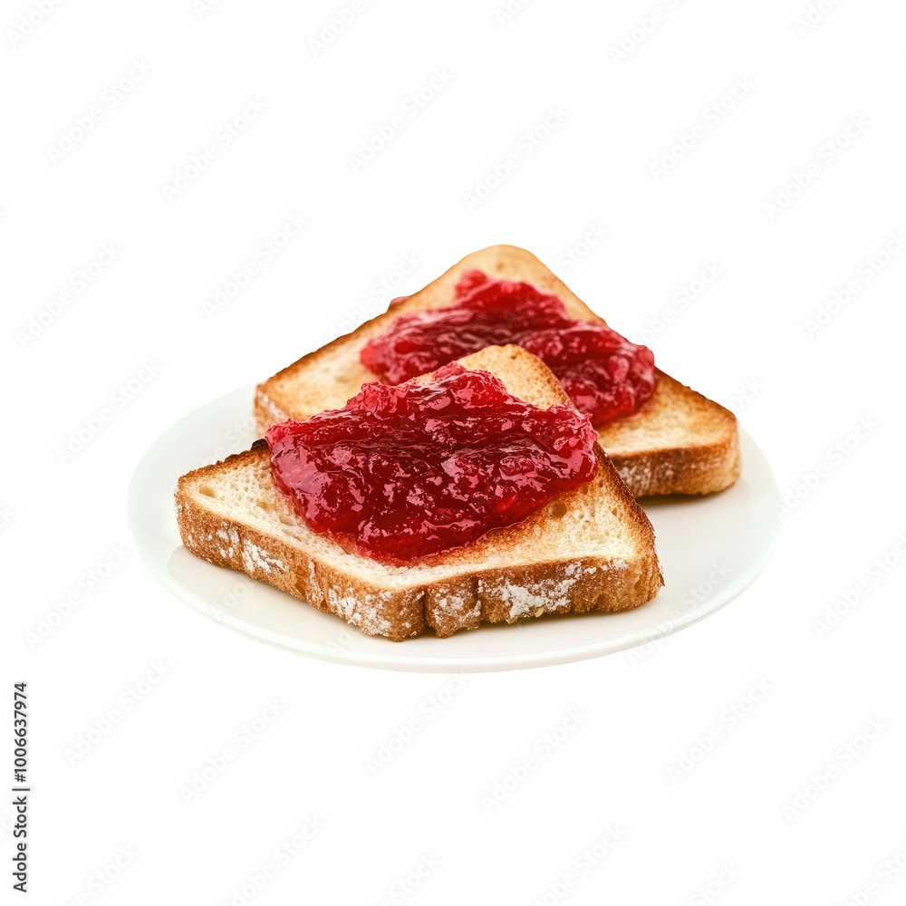Two slices of toast with strawberry jam on a white plate Two slices of toast with strawberry jam on a white plate
