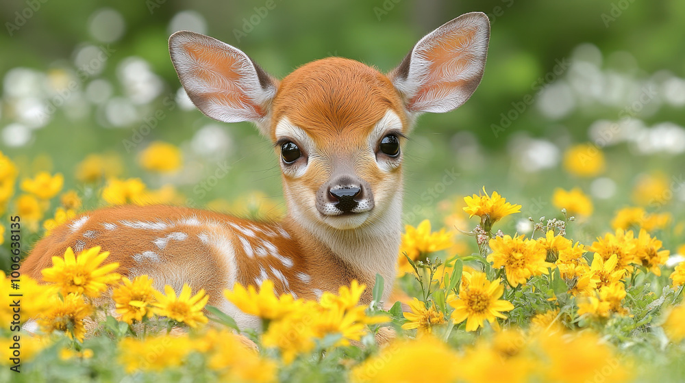 This charming fawn rests amid vibrant yellow flowers, capturing the beauty of wildlife and nature. A perfect representation of innocence and serenity in spring This charming fawn rests amid vibrant yellow flowers, capturing the beauty of wildlife and nature. A perfect representation of innocence and serenity in spring