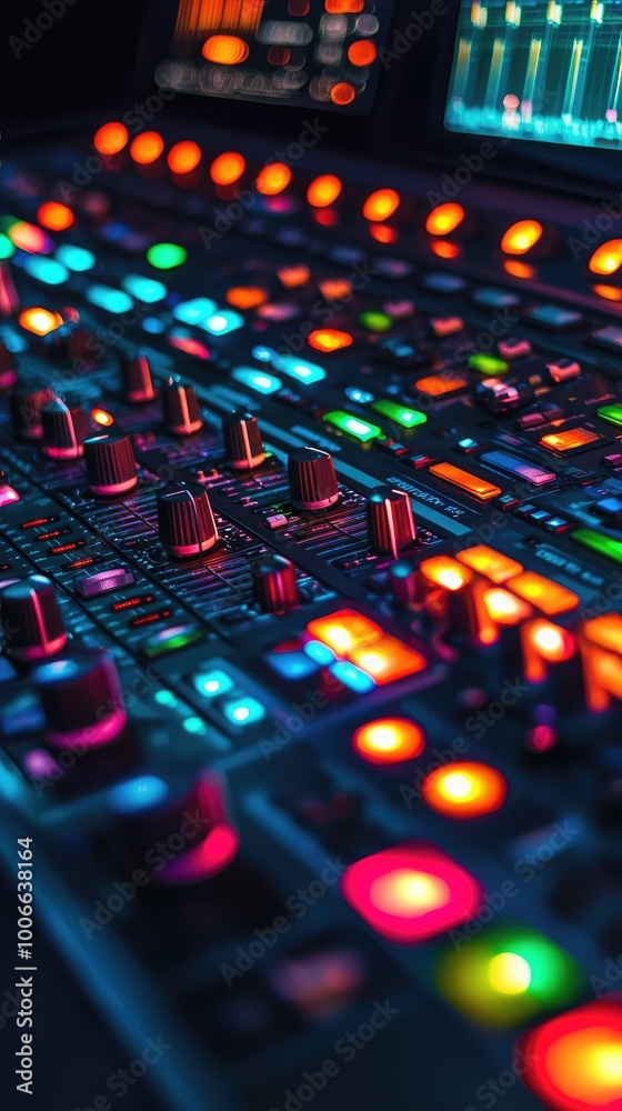 Obraz premium A vibrant close-up of a sound mixing console with colorful lights and buttons, capturing the essence of audio production.