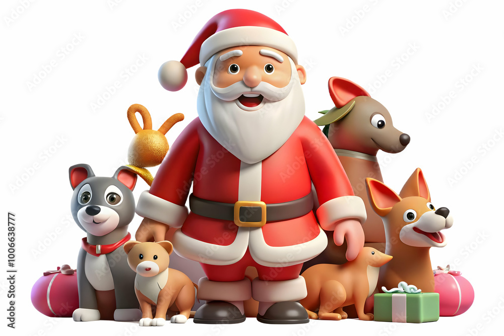 3D Santa Surrounded by Playful Pets in a Bright Glossy Environment - Perfect for Holiday Greetings Icon on White Background 3D Santa Surrounded by Playful Pets in a Bright Glossy Environment - Perfect for Holiday Greetings Icon on White Background