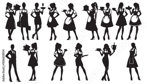 Set waitress silhouette vector illustration vector illustration black and white art