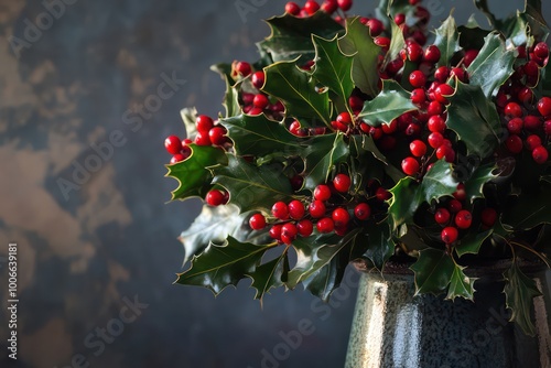 Christmas bouquet of holly branches with red berries, Happy New Year 2025
