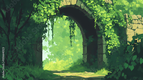 An enchanting vine-covered bridge enveloped in lush greenery, radiating tranquility and natural beauty in a serene landscape. Vine-Covered Ruins. Illustration photo