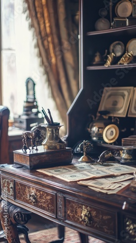 A vintage wooden desk adorned with antique items, papers, and decorative accents in a cozy, sunlit room.