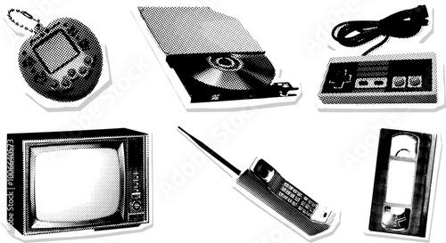 Retro halftone vector set featuring vintage electronics from the 90s including tamagotchi, cd player, nes controller, vhs, tv, and retro mobile phone for nostalgic and retro design themes