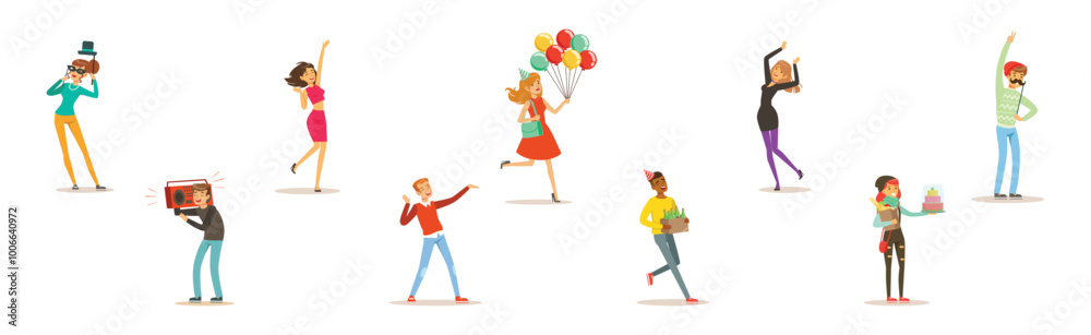 Happy People Character Celebrating Holiday and Festive Event Vector Set Happy People Character Celebrating Holiday and Festive Event Vector Set