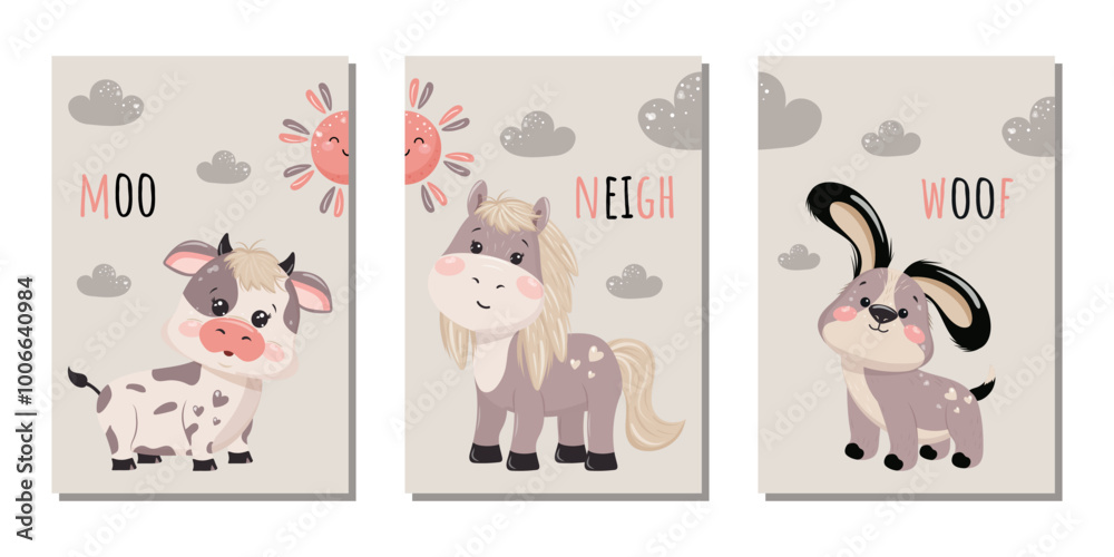 Obraz premium A set of illustrations for paintings for the children's room, postcards, covers, banners and more with images of funny animals. Vector design