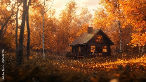 Cozy Cabin Surrounded by Autumn Colors and Nature