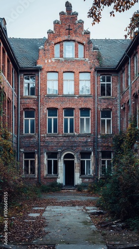 Abandoned brick building showcasing intricate architecture and overgrown vegetation, evoking a sense of mystery and history.