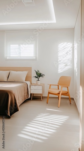 A cozy bedroom showcases a blend of modern and rustic design with an old concrete wall, wooden bed, and a stylish chair, all in muted colors that invite relaxation.