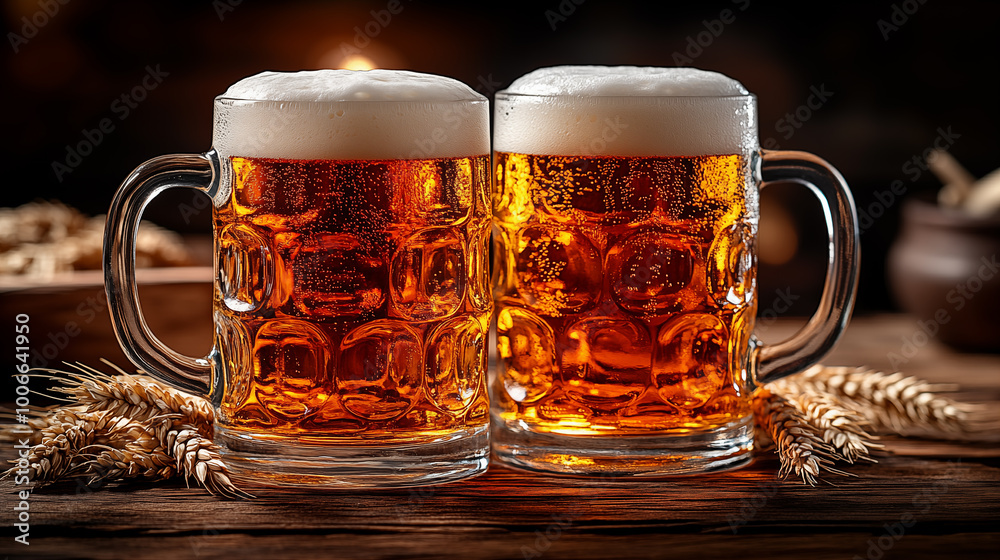 Two mugs of beer with foam and wheat ears on wooden background Two mugs of beer with foam and wheat ears on wooden background
