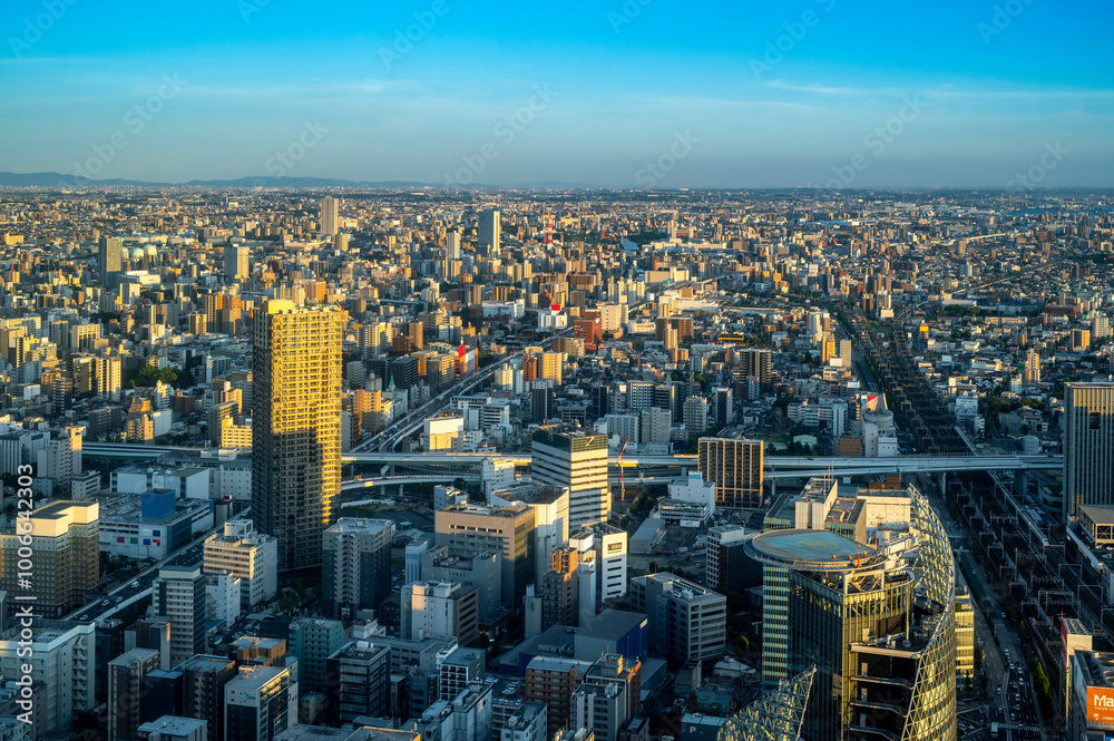 sunset or sun rise of Nagooya cityscape with office building and downtown and Skyline twilight sky in summer season, Nagoya city, Aichi, Japan