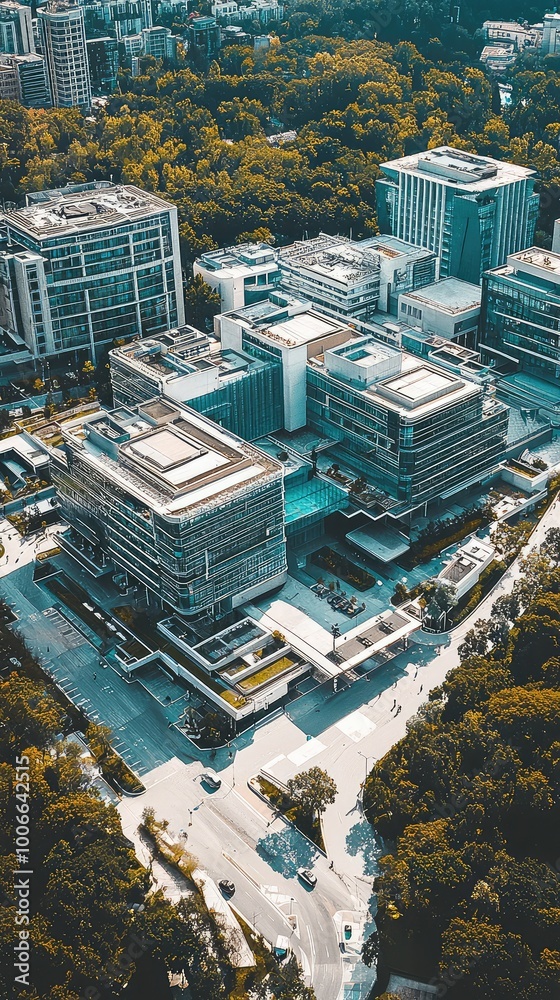 Fototapeta premium Aerial view of modern buildings surrounded by greenery, showcasing urban architecture and design in a city environment.