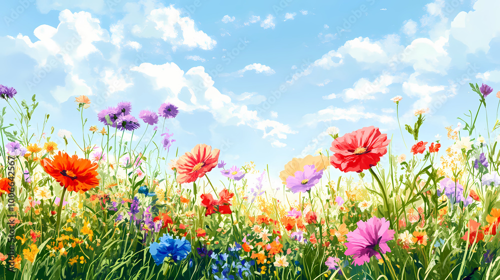 A vibrant field of wildflowers in bloom, with colorful blossoms swaying gently in the breeze. Wildflower Field. Illustration A vibrant field of wildflowers in bloom, with colorful blossoms swaying gently in the breeze. Wildflower Field. Illustration