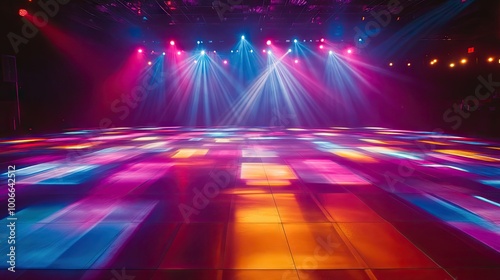 A retro-style disco dance floor comes alive with a kaleidoscope of colorful lights, casting radiant beams across the room, setting the stage for fun and excitement.