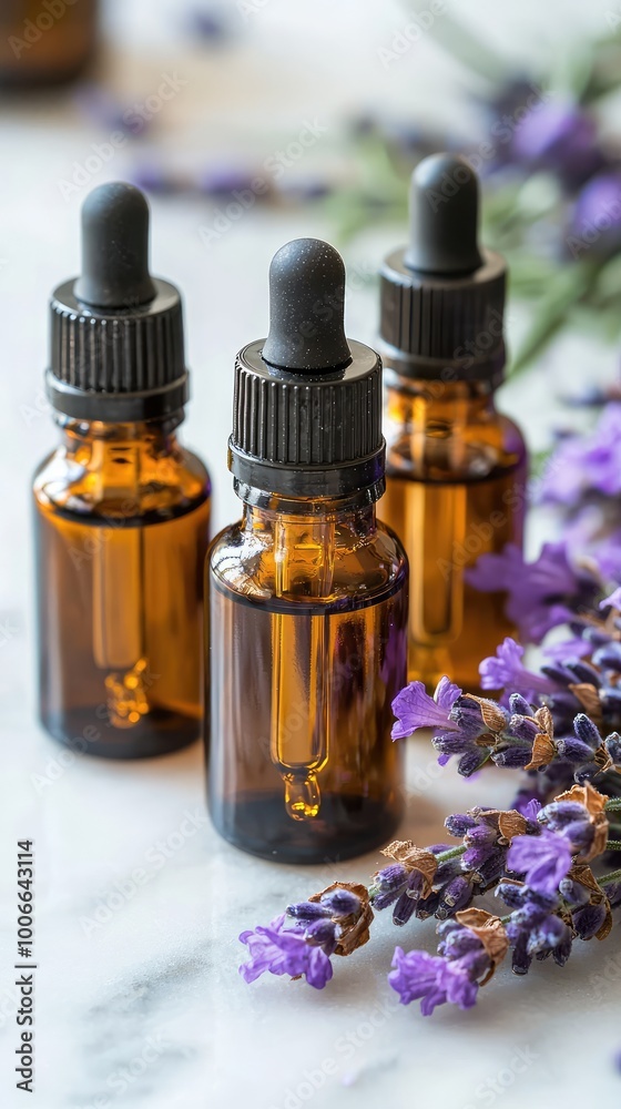 Amber glass bottles with dropper lids next to fresh lavender flowers, ideal for essential oils or herbal remedies. Amber glass bottles with dropper lids next to fresh lavender flowers, ideal for essential oils or herbal remedies.