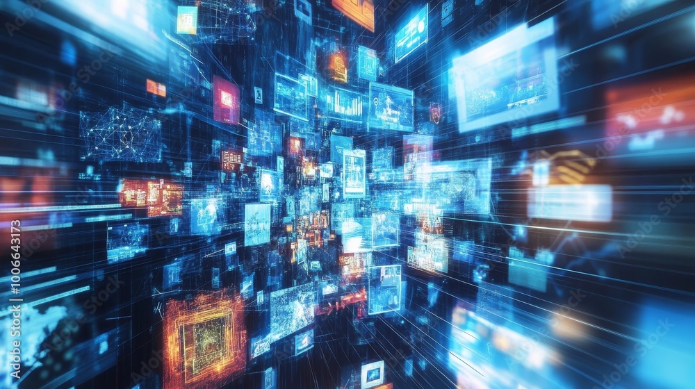 A vibrant digital vortex composed of numerous floating technology screens, immersing viewers in modern innovation. A vibrant digital vortex composed of numerous floating technology screens, immersing viewers in modern innovation.