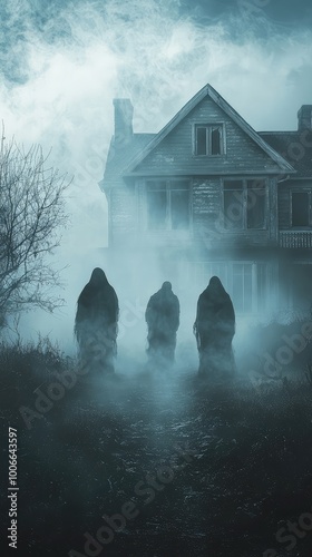 An eerie scene with ghostly figures shrouded in mist near an abandoned house, creating a haunting atmosphere of mystery. photo