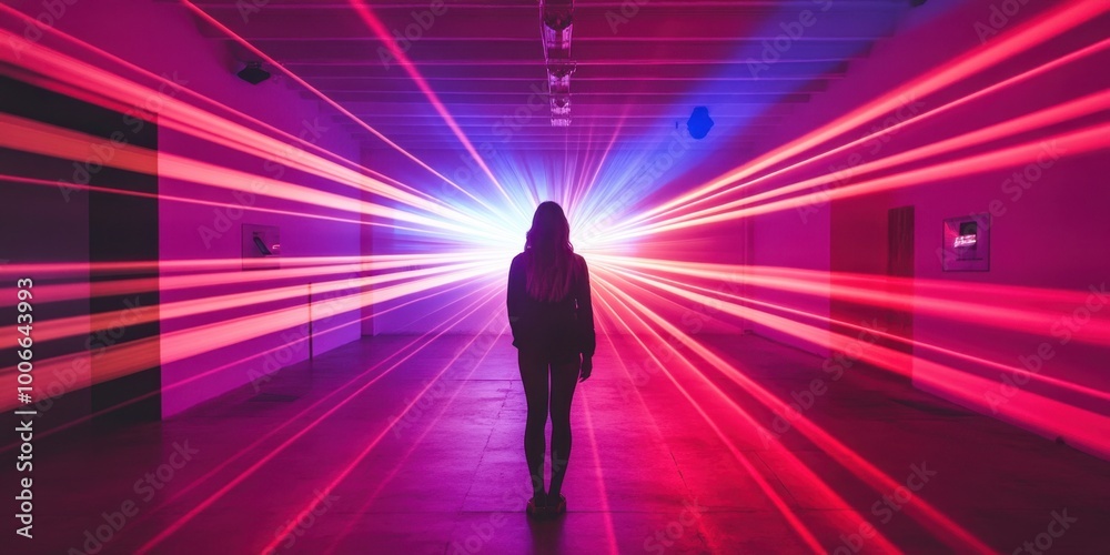 a woman standing in a room with light beams a woman standing in a room with light beams