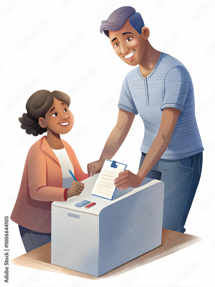 Excited First-Time Voter Filling Out Registration Form with Guiding Official - Voter Registration Enthusiasm Concept on Isolated White Background Excited First-Time Voter Filling Out Registration Form with Guiding Official - Voter Registration Enthusiasm Concept on Isolated White Background