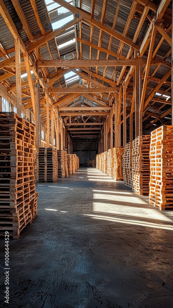 An expansive warehouse interior showcasing rows of wooden pallets, illuminated by natural light through the skylights. An expansive warehouse interior showcasing rows of wooden pallets, illuminated by natural light through the skylights.