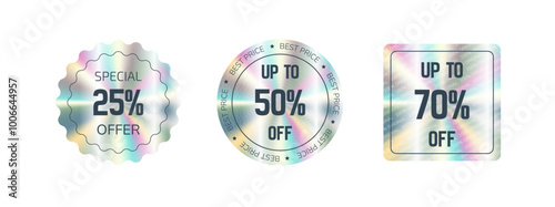 Set of holographic gradient vector stickers, label sale hologram emblem label for shop online sale premium quality. Different discounts off. Web design, e-commercial, great for any products.
