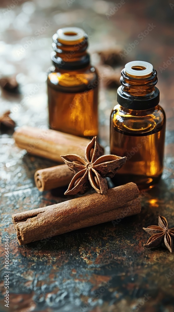 Aromatic essential oils in amber bottles with cinnamon sticks and star anise, perfect for wellness and holistic therapy. Aromatic essential oils in amber bottles with cinnamon sticks and star anise, perfect for wellness and holistic therapy.