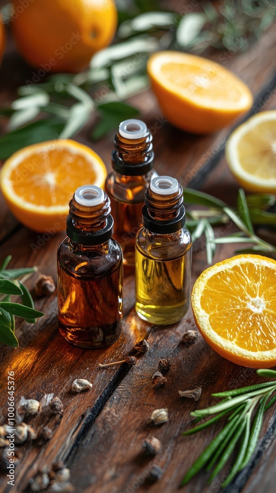 Beautiful arrangement of essential oils, oranges and fresh herbs on a rustic wooden background for wellness and relaxation. Beautiful arrangement of essential oils, oranges and fresh herbs on a rustic wooden background for wellness and relaxation.