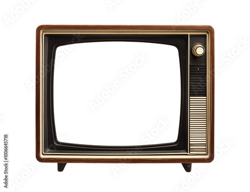 Vintage wooden TV box with empty screen isolated on transparent PNG or white background. Retro antique portable television concept.