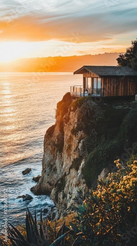 Breathtaking coastal view at sunset, featuring a wooden cabin perched on a cliff overlooking the serene ocean waves. photo