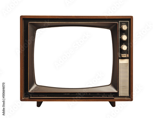 Vintage wooden TV box with empty screen isolated on transparent PNG or white background. Retro antique portable television concept.