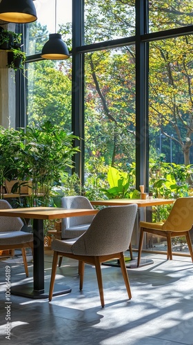 Bright, inviting interior of a modern cafe with lush greenery and stylish furniture, perfect for relaxation or remote work.