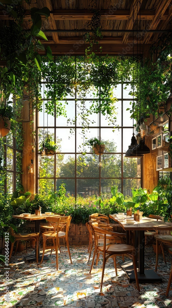 Fototapeta premium Bright and airy cafe interior with lush greenery and wooden decor, creating a tranquil dining experience.