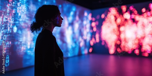 a woman looking at a wall of colorful lights photo