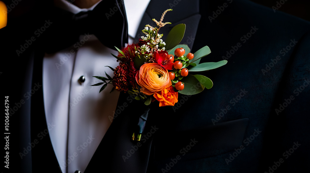 A close-up, of a groom's boutonniere made of fresh flowers and greenery, pinned to the lapel of a black tuxedo jacket. A close-up, of a groom's boutonniere made of fresh flowers and greenery, pinned to the lapel of a black tuxedo jacket.