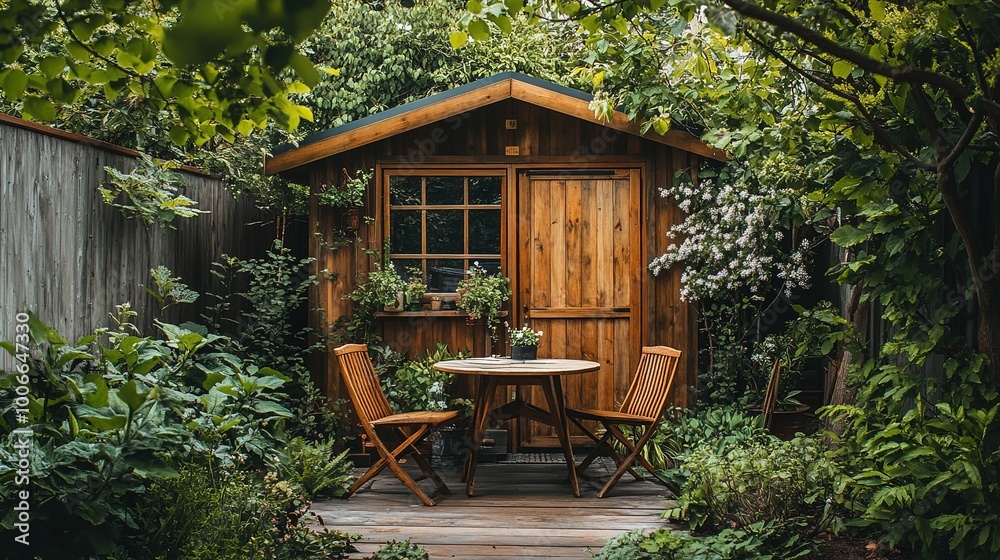 Naklejka premium Cozy wooden shed surrounded by lush garden foliage