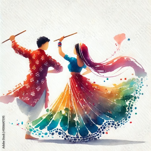 Indian Festival Navratri with Garba, Couple Playing Dandiya Dance